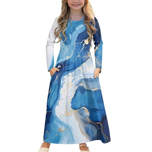 FOR U DESIGNS Teen Dresses for Girls 5-6 Long Sleeve Long Dress Fall Maxi Dress with Pockets Blue Marble Pattern Casual A Line Pleated Dress: Clothing, Shoes & Jewelry