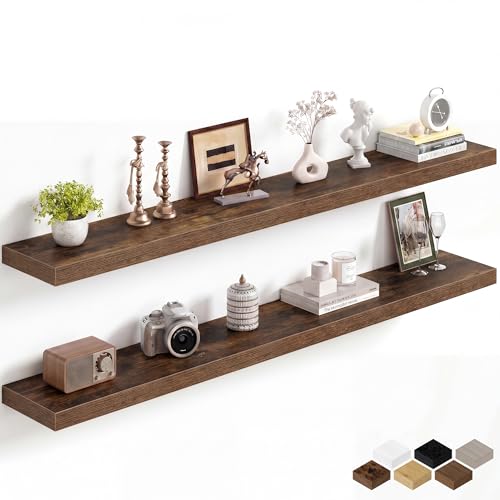 Image of Fun Memories 60Inch Long Floating Shelves, 8 Inch Deep Shelves for Bedroom|Living Room, Wall Mounted Wood Hanging Shelf with Invisible Brackets for Fireplace Mantel Home Storage Decor, Brown - 2 Pack