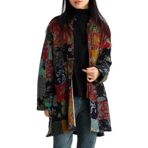 FioraMosaic Women's Boho Floral Patchwork Fleece-Lined Jacket, Warm Color-Blocked Plaid
