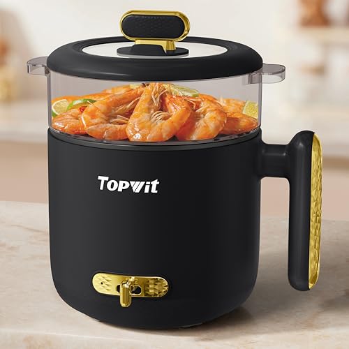 TopWit 1.8L Electric Hot Pot & Steamer – Portable Cooker for Ramen, Steak, Soup, and Noodles with Power Adjustment, Ideal for Dorm Rooms, Black