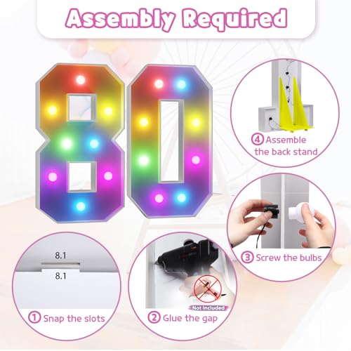 Image of Imprsv Colorful 3FT Marquee Numbers Light up Numbers 80 Birthday Decoration | RGB with Remote, Party Decorations Anniversary Wedding Decorations Assembly Required Foam Board 40 Pcs Accessory Set