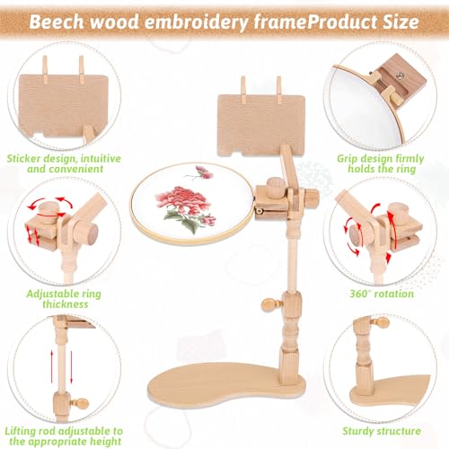 Image of Natural Beech Wood Embroidery Hoop Stand, Adjustable 360 Rotate Cross Stitch Needlepoint Stand Wooden Sitting Embroidery Hoop Frame Holder for DIY Art Craft Sewing Needlework Projects Supplies
