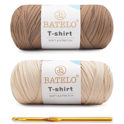 Image of 2 Pack T-Shirt Yarn for Beginner Crochet Bags /Basket /Coaster, 400g /144yds High Elastic Thick Polyester Fabric (Light Khaki+Milk Tea Brown)