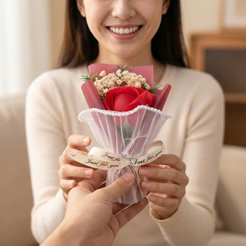 Image of Mini Artificial Red Rose Bouquet for Gifting, Pearl Net Wrapped Flower with inchJust for You inch Ribbon, for Mom, Anniversary, Birthday, Proposal, Desk & Home Decor (Red)