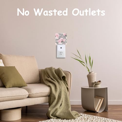 Image of Night Light Plug Wall,Pink Flowers and Grey Leaves LED Night Lights with Dusk to Dawn Light Sensor for Women Girls Boys Room Decor,Hallway,Kitchen,Bathroom,Nursery,Stairs