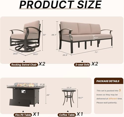 Image of Aluminum Patio Furniture Set with Fire Pit Table, 8 Seats Outdoor Patio Conversation Sets with Swivel Chair Modern Metal Sectional Sofa with Upgrade Cushions for Patio, Backyard - Sand