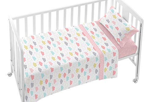 Burrito Blanco Juego de Sábanas de Bebé 008 con Estampado de Nubes para Mini Cuna de 50x80cm/Juego de Sábanas para Minicuna/Juego de Sábanas Bebé 50x80, Rosa, Turquesa y Amarillo