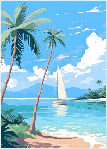 Affiche bateau bleu et plage lumineuse pour retrouver la sérénité des vacances
