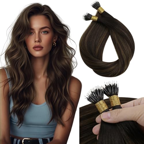 Sunny Hair 18inch Nano Bead Hair Extensions Human Hair Dark Brown Balayage Nano Hair Extensions Human Hair Invisible Nano Tip Hair Extension for Wedding 50g
