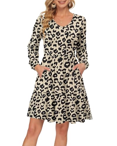 PLOKNRD Damen Langarm Kleid V-Ausschnitt Freizeitkleid mit Taschen Elegant Schichten Design Kleider Midi Herbst Winter Leopardenmuster M