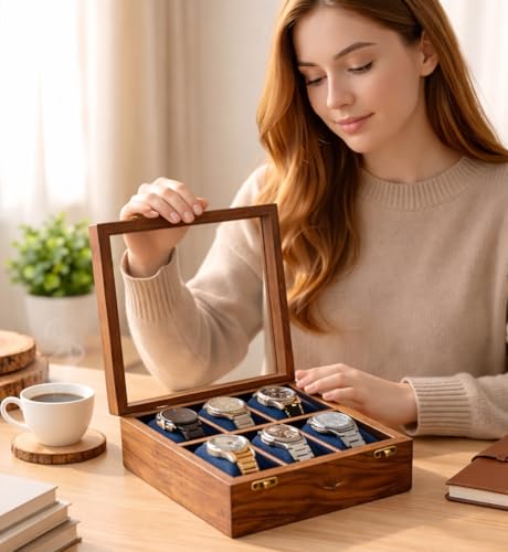 Image of Royal Craft Expertise Wooden Watch Box for Men - 6 Slot Watch Organizer with Hinged Lid | Luxury Watch Display & Storage Case