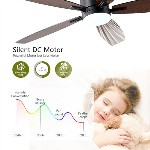 Image of Ayaoty Ceiling Fans with Lights, 52 inch Low Profile Indoor Ceiling Fan with Light and Remote Control, Dimmable, Noiseless, Reversible, Brown Ceiling Fan for Bedroom, Indoor /Outdoor Use