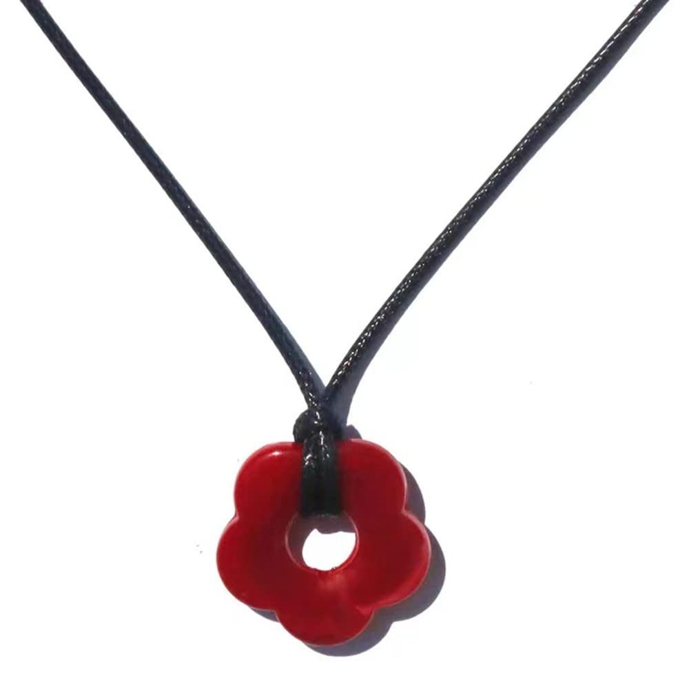 Y2K Punk Colorful Acrylic Plum Blossom Shape Pendant Necklace Resin Flower Leather Rope Necklace Lightweight Acrylic Pendant Charms Summer Beach Choker for Women Girls
