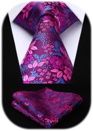 HISDERN Ties for Men - 63 inch Extra Long Necktie and Handkerchief Wedding Tie and Pocket Square Set For Party Business Funeral