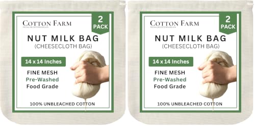 Image of Cotton Farm Nut Milk Bag & Cheese Cloth Bag (Ultra Dense), XL 14 x 14 Inch, 100% Unbleached Cotton Cheesecloth for Precise Food Straining, Washable & Reusable (Pack of 2)