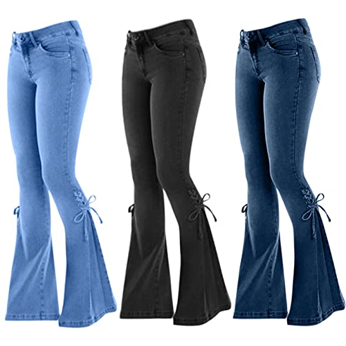 Uillui Flare Jeans for Women High Waisted Lace-up Bell Bottom Stretch Denim Jeans Bootcut Slim Retro Wide Leg Denim Pants