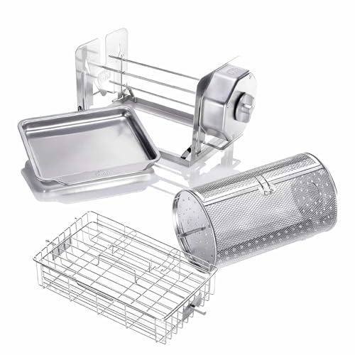 ROTO-Q 360 RF Manual Rotisserie Cooker | Plus Basket + Cage Edition | Portable Collapsible Design | Color: Stainless Steel | Stainless Steel Construction | Oven Grill & Outdoor Compatible