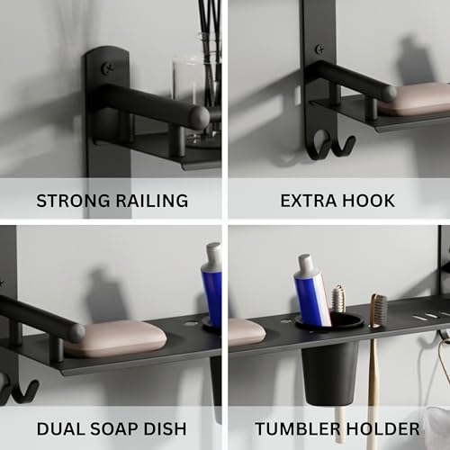 Image of GLOXY Premium Black Matt Finish Bathroom Shelf Rack - Wall Mount 4in1 Multipurpose Double Soap Stand for Bathroom with Toothpaste Holder - Bathroom Fittings Accessories Set with Multipurpose Hooks