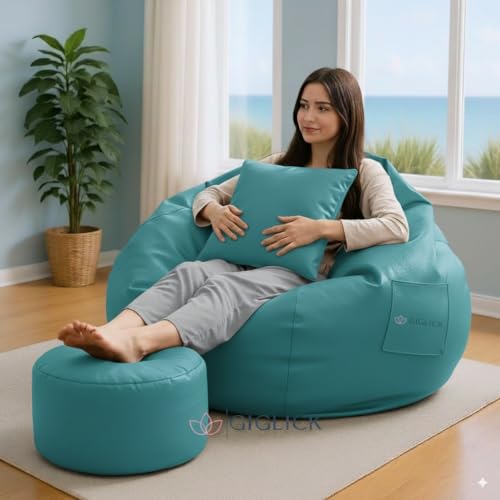 Image of Filled Bean Bag with Footstool N Cushion | Luxury Leatherette Bean Bag Chair for Adults & Kids | Comfortable, Durable, Stylish for Living Room, Bedroom, Gaming & Home Decor (Aqua, 4XL)