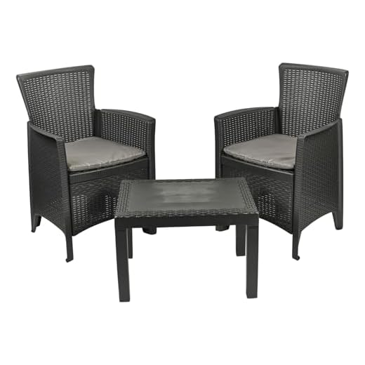 URBN GARDEN 3-Piece Bistro Garden Furniture Set, 2 Black Plastic Armchairs with Cushions & Coffee Table, Rattan-Effect Polypropylene, Outdoor Use, Part Assembled, Ideal for Patio Balcony