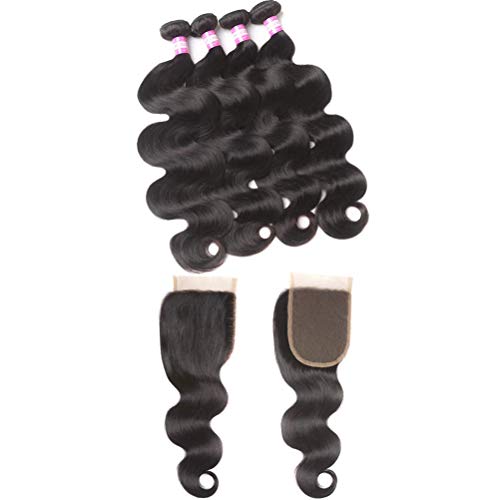 Odir Brazilian Body Wave Human Hair 4 Bundles with Closure (20 22 24 26 + 18) 9A Unprocessed Brazilian Virgin Human Hair Weave Body Wave Bundles with Lace Clsoure Free Part Natural Color