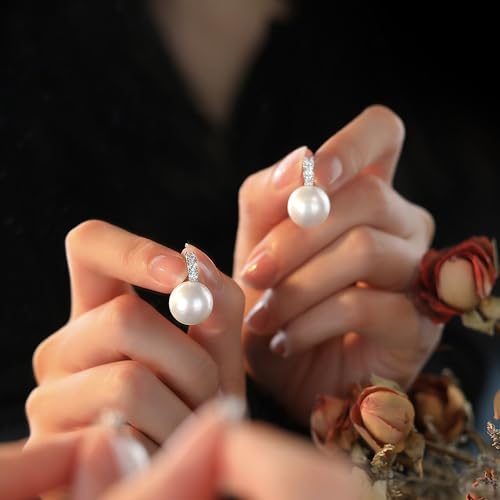 Pearl Earrings for Women Dainty 925 Sterling Silver Dangle Drop Earring with 5A Cubic Zirconia Pearl Drop Earrings Big Pearls Bridal Hoop Beach Jewelry for Wedding Birthday Christmas Gifts4