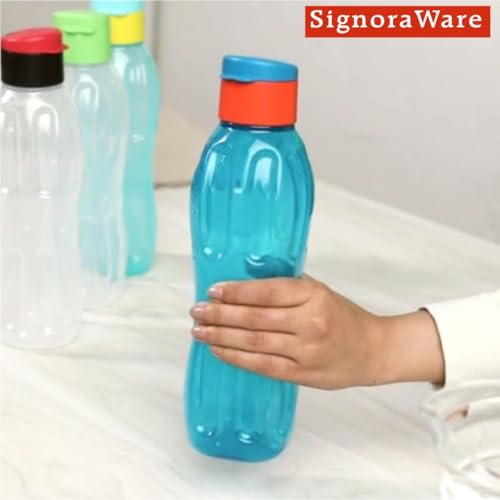 SIGNORA WARE Fliptop Bpa Free Plastic Water Bottles |Food Grade |Fridge Bottles |Ideal For Office, Gym, College, Travel Hiking, Camping |Best To Fulfil Daily Hydration (1 Ltrs | Set 4 |Multicolour)