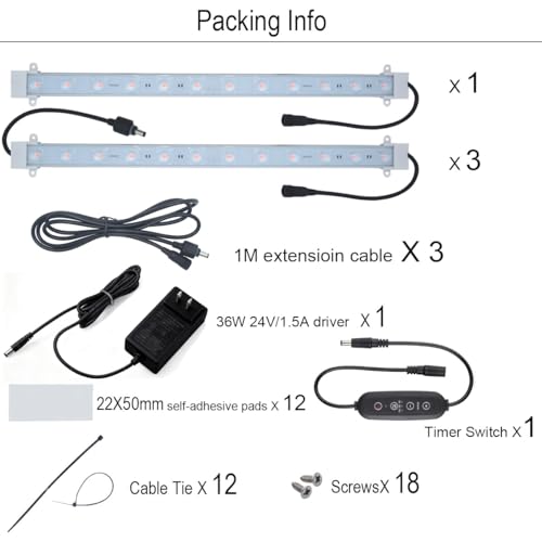 Litever Grow Light Strip Kit 36W with Timer, 4 pcs 16 Inches LED Grow Light Strips with Extension Cables, Mounting Accessories for Greenhouse, Grow Shelf. Perfect for Indoor Growing-(4-Strip-Kit)