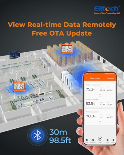 Elitech Temperatur- und Luftfeuchtigkeitsdatenlogger mit Bluetooth -10℃~50℃, 4,5-Zoll Display 5000 Datenpunkte, Alarmfunktion Datenlogger für Lager Labor Industrie Apotheke Landwirtschaft