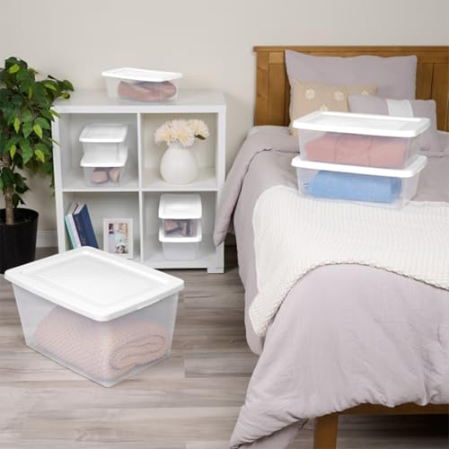 Image of Sterilite Clear Storage Box Stackable Tote, 58 Quart, 18-Pack | Clear Plastic Container with Secure Snapping Lids for Home and Office Organization, White