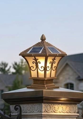 Image of Sanleen Solar LED Antique Gate Light - 15 Inch Waterproof Outdoor Garden Lamp, Golden Decorative Solar Pillar Light for Gate, Lawn, Terrace, Pathway & Outdoor Garden Decor