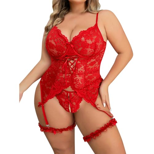 Lingerie Balconnet Ensemble de Lingerie Grande Taille brodé en Dentelle pour Femme Costume passionné Lingerie Sexy Ouvert (Red, XXL)