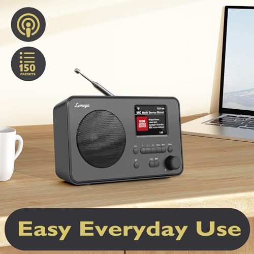 LeMega IR1S Internet Radio with Podcasts & Bluetooth &ndash;FM Radio, 150 Presets, Alarm Clock Radio, Compact Kitchen Radio with Full Colour Display, Mains or AA Battery Powered - Black