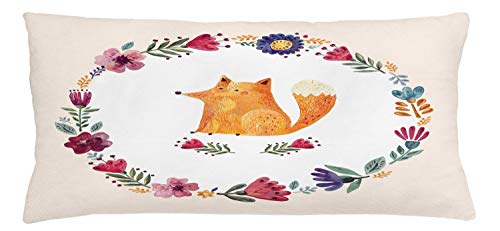 Lunarable Animal Throw Pillow Cushion Cover, Red Fox Inside Circular Floral Petals Wreath Girls Illustration, Decorative Square Accent Pillow Case, 36