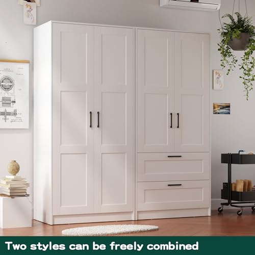 Fddevelop Fenghua Lizhi Wood White Wardrobe Closet with 2 Doors,Bedroom Freestanding Armoire Storage Cabinet with Shelves,Wooden Wardrobe Combination for Hanging Clothes