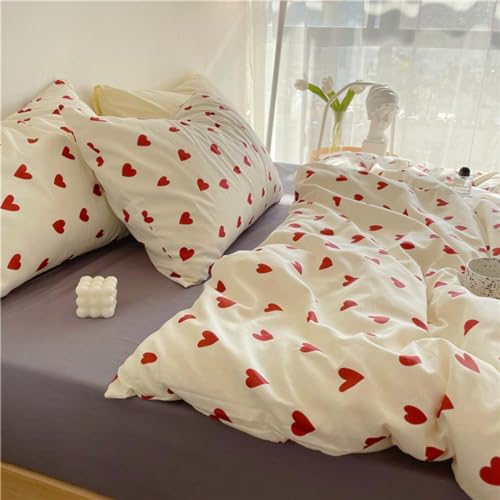Image of Nayoroom Heart Duvet Cover Full Size Cute Red Love Printed On White Bedding Set 3Pcs Kids Girls Kawaii Heart-Shaped Pattern Comforter Cover With Zipper Closure Soft Breathable Microfiber