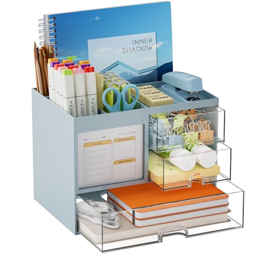Marbrasse Organizador Escritorio con 3 Cajones,Portalapices Gran Capacidad,Organizador Oficina con 4 Compartimentos y Accesorios,Almacenaje Escritorio para Oficina,Casa y Escuela (Azul)