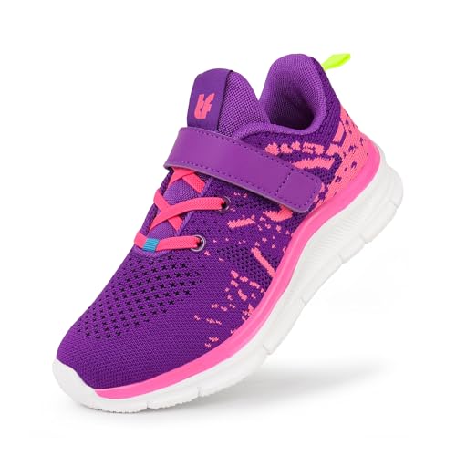 Tobfis Boys Girls Kids Arch Support Strap Athletic Running Tennis School Shoes Breathable Walking Sneakers,Knit Purple Fuchsia,13 M US Little Kid