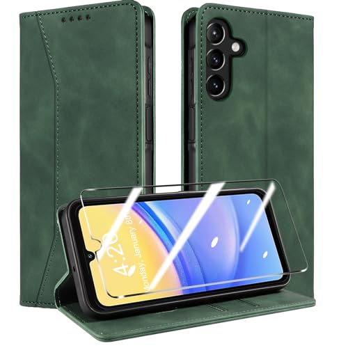 QHOHQ Handyhülle für Samsung Galaxy A15 4G/5G Hülle mit Panzer Folie, Premium Leder Schutzhülle, [RFID Sperrung Schutz], Magnet Klappbar Flip Case Tasche, Multifunktional, Stoßfest (Traum)-Grasgrün