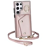 Funda Tipo Cartera de Cuero con Soporte para Anillos y Bandolera para Samsung Galaxy S23 S24 Ultra S22 Plus S21 Fe A55 A15 con Ranura para Tarjetas y cordón (para Galaxy S24 Plus/Oro Rosa)