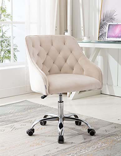 Baysitone Velvet Home Office Desk Chair, Modern Swivel Task Armchair With Adjustable Height, Upholstered Tufted Accent Computer Chair For Home And Office Working Or Studying, Beige #TOP12