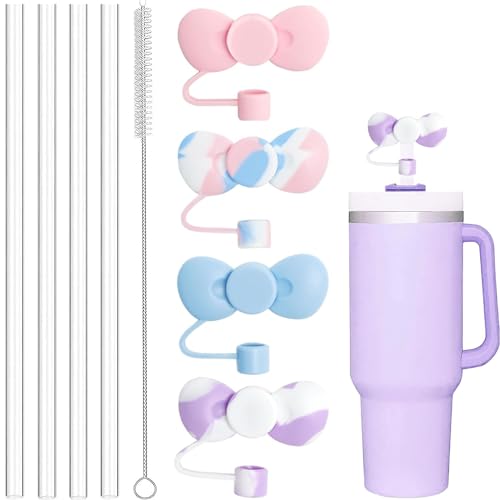 Haundry 9 Pack Replacement Plastic Straws and Covers for 40 oz Stanley Adventure Travel Tumbler Cup, Reusable Straws with Cleaning Brush, Compatible with 40oz 30oz 20oz Stanley Jug (Bowknot)