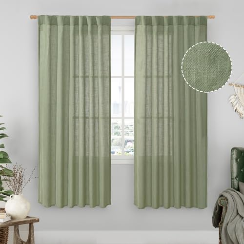 LAMIT Sage Green Light Filtering Linen Curtains 68 inches Long for Bedroom, Faux Linen Textured Semi Sheer Back Tab and Rod Pocket Boho Modern Drapes for Living Room/Farmhouse, 2 Panels, 52 x 68 Inch