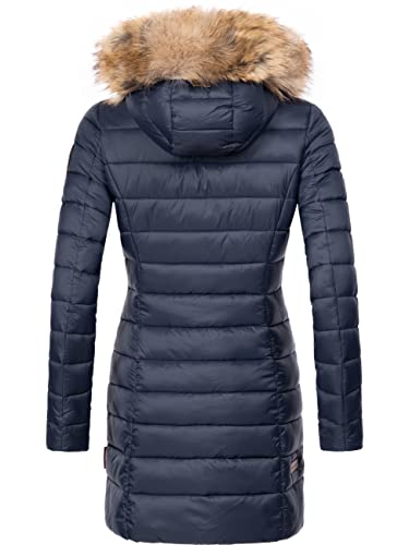 MARIKOO Damen Wintermantel warmer Steppmantel lang mit Kapuze und abnehmbarem Kunstfell-Kragen Rose Blau Gr. L