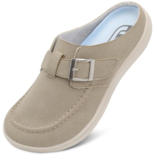 JOINFREE Wide Suede Clogs for Womens Diabetic Mules Comfort Slip on Clog Slippers Wide Width Potato Shoes with Adjustable Buckle Walking House Indoor Outdoor Taupe Size 8