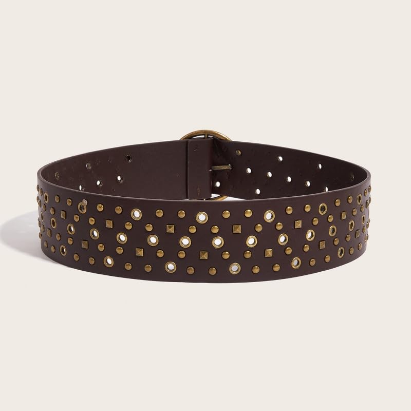 Women Retro Wide Leather Belt Vintage Studded Hollowed Metal Buckle Boho Wide Waist Belts Grunge Western Cinch Waistband4