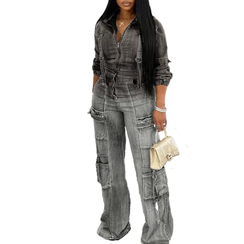 Molilove Women's Two Piece Denim Outfits Long Sleeve Cropped Jean Jacket Cargo Pants with Pockets Y2K Tracksuit Set