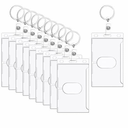 10 Pack Frosted Clear Vertical Hard Plastic ID Card Holders, Clear ID Card Holder with Keyring, Rigid Fuel Card Protector Keychain Secure Credit Card ID Holder Keychain with Thumb Slot