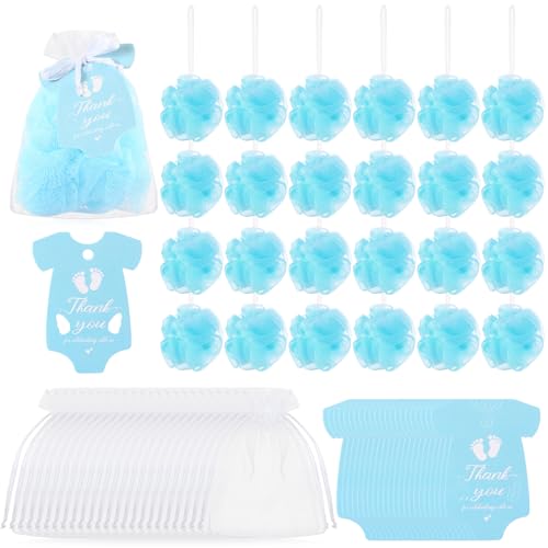 Funnymoom 24 Sets Baby Shower Favors for Guests Include Bath Sponge Loofahs, Thank You Cards, White Organza Bags for Baptism Baby Shower Gender Reveal Birthday(Blue)