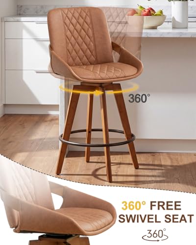 Image of AQG Counter Height Bar Stools, Mid Century Modern Bar Chairs Swivel with Back, Faux Leather Upholstered Barstools Walnut Wood Frame for Kitchen Island (Brown, 26 Inch - 1 PCS)